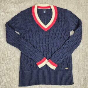 Tommy Hilfiger Blue Cotton Cable Knit V- Neck Sweater